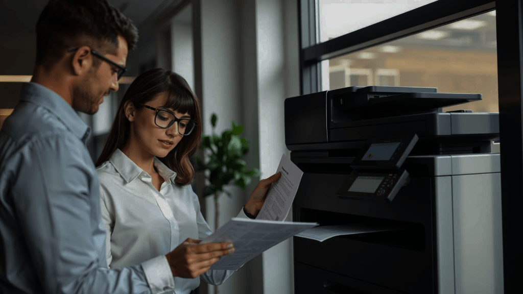 Equipo de KOMSA junto a un multifunción en una oficina